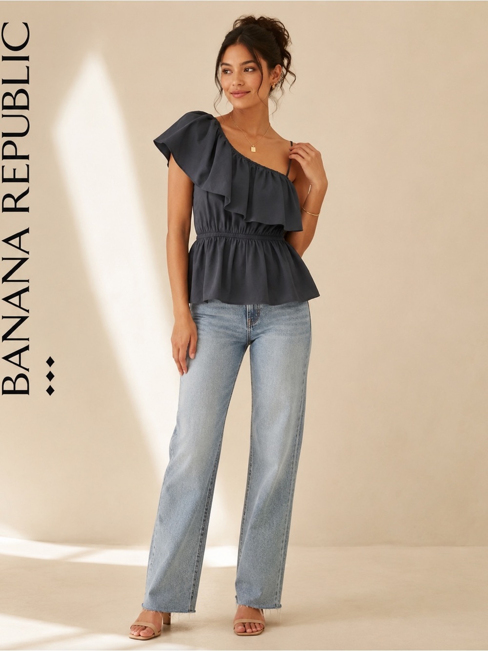 Banana Republic One-Shoulder Ruffle Peplum Blouse Blue XS